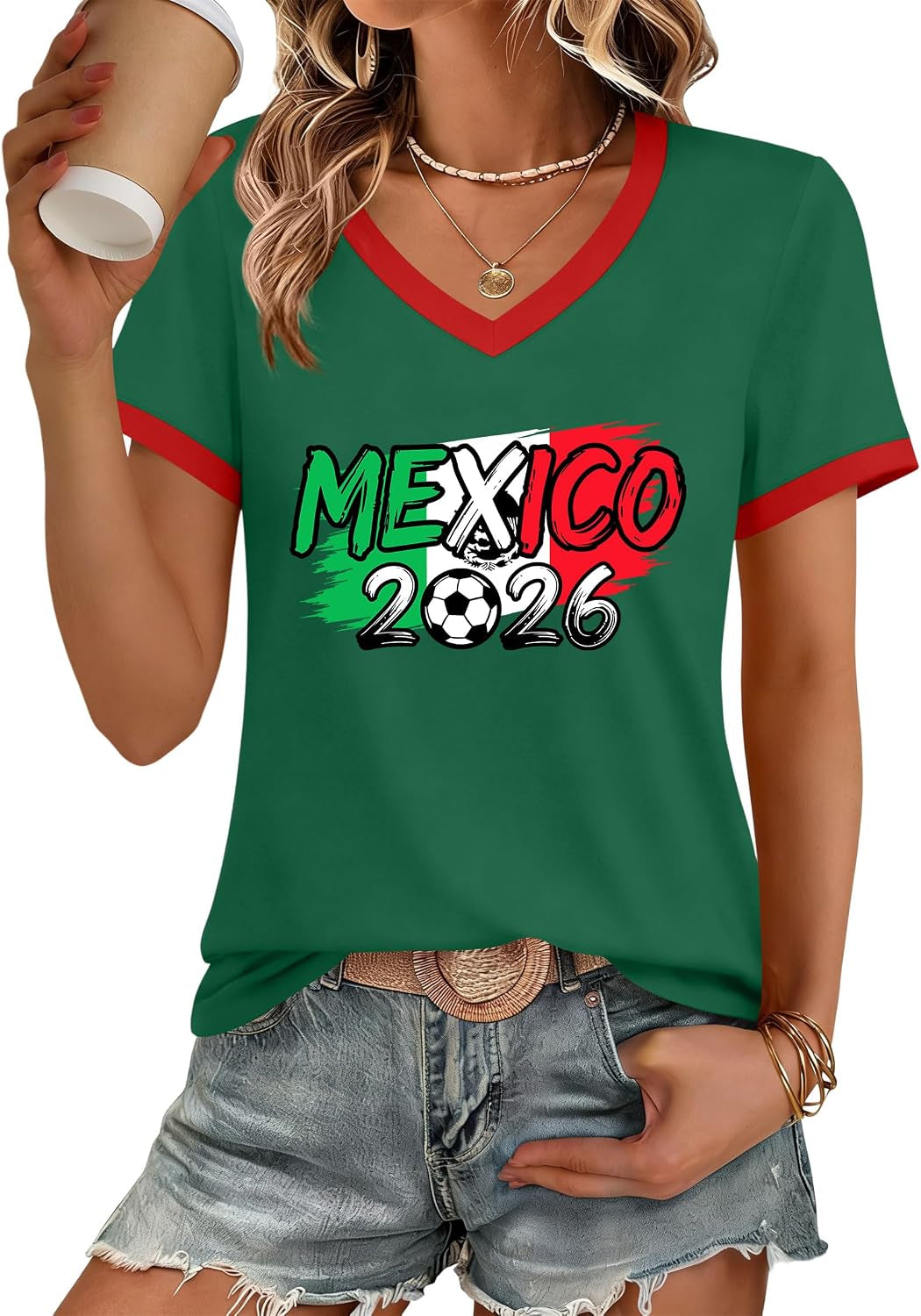 Soccer Cup 2026 Shirts for Women Mexico Shirts Soccer Graphic Jerseys Brazil USA Football Soccer V Neck Tops