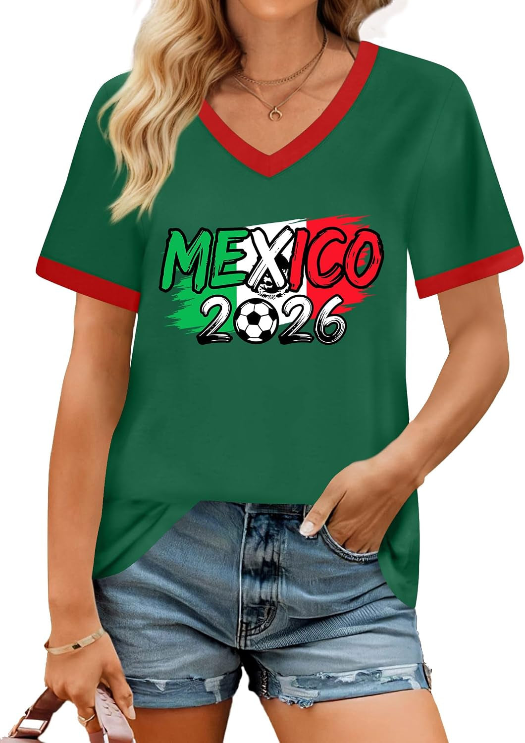 Soccer Cup 2026 Shirts for Women Mexico Shirts Soccer Graphic Jerseys Brazil USA Football Soccer V Neck Tops