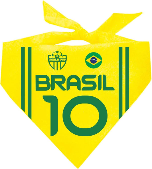 Country Style Soccer Jersey Dog Bandana - Adjustable Cotton Triangle - Brasil Flag Design - One Size