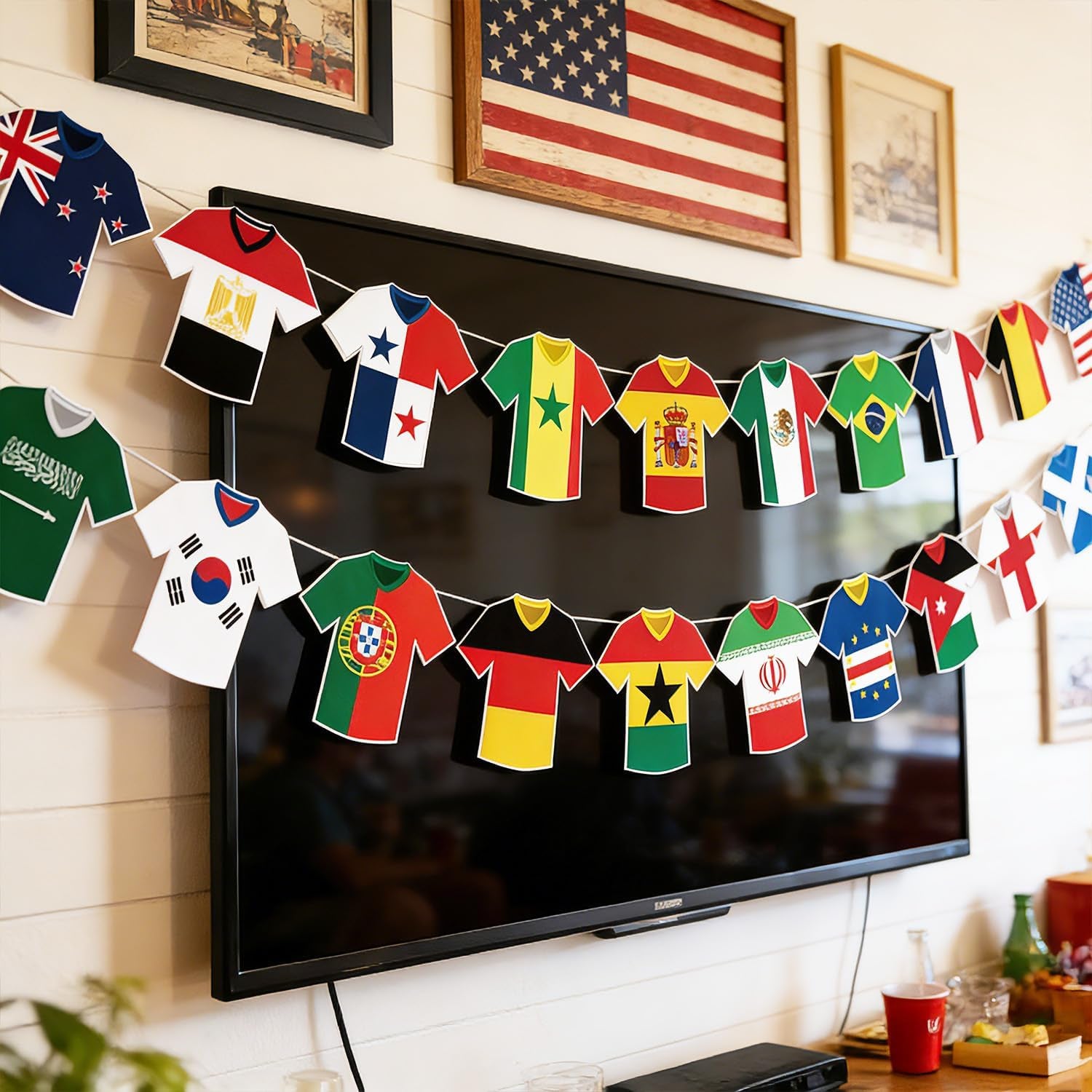 World Cup Soccer Jersey Bunting 42 Jersey-Shaped Pennant Banner, Game Day Decorations, Soccer Fan Garland for World Cup Party, Soccer Birthday, Tailgate, BBQ, Man Cave, Outdoor Sports Events