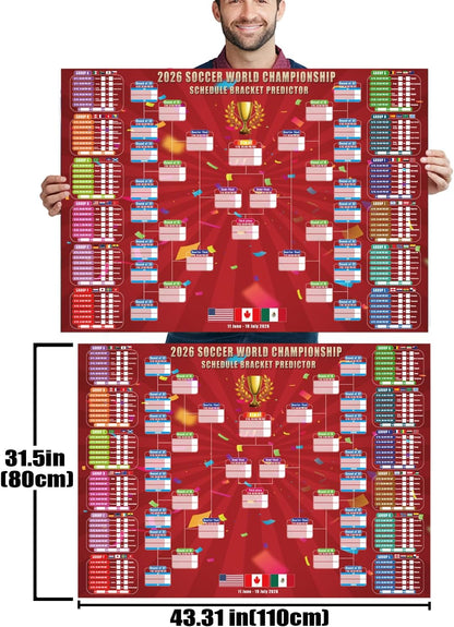 2026 World Soccer Cup Extra Large Schedule Poster 43In X 32In, 48 Teams Soccer Jersey Bunting Banner Country String Flags, Tournament Schedule Soccer Matches Wall Chart for Home Office Bar Football Club Decorations (Red)