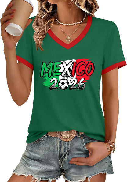 Soccer Cup 2026 Shirts for Women Mexico Shirts Soccer Graphic Jerseys Brazil USA Football Soccer V Neck Tops