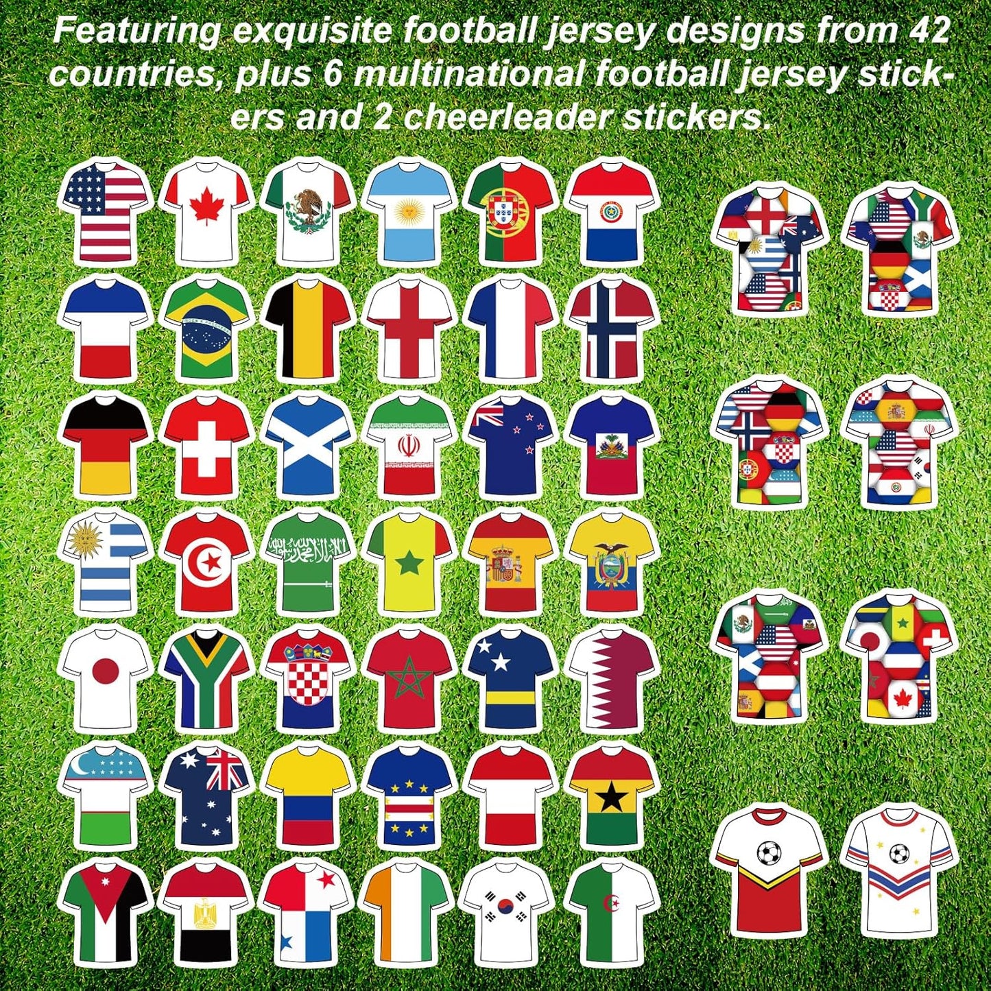 100-Piece Waterproof Soccer Jersey Sticker Set Featuring 42 National Teams, 6 Countries, and 2 Cheerleader Jersey Designs for Water Bottles, Helmets, Scrapbooks, and Laptops