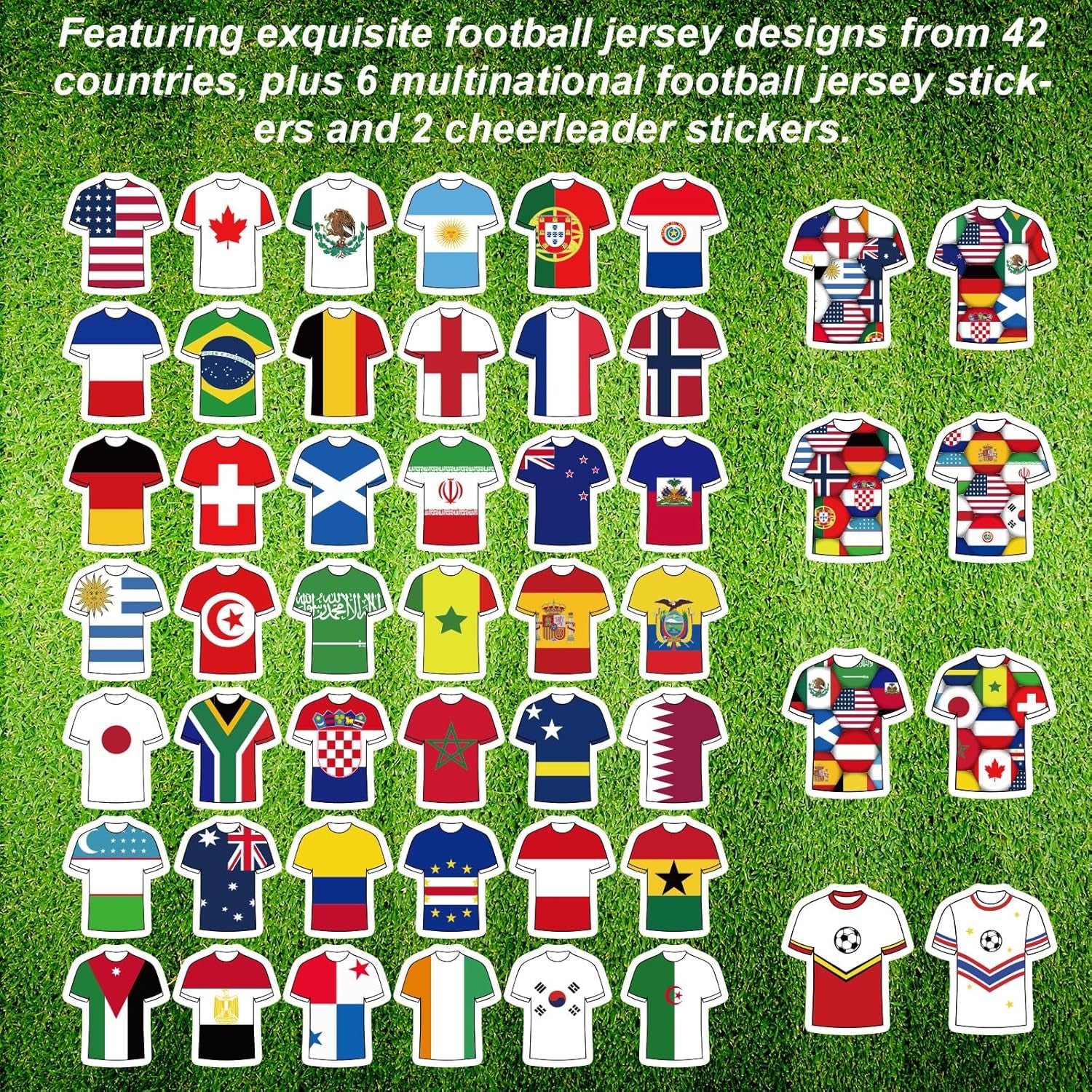 100-Piece Waterproof Soccer Jersey Sticker Set Featuring 42 National Teams, 6 Countries, and 2 Cheerleader Jersey Designs for Water Bottles, Helmets, Scrapbooks, and Laptops