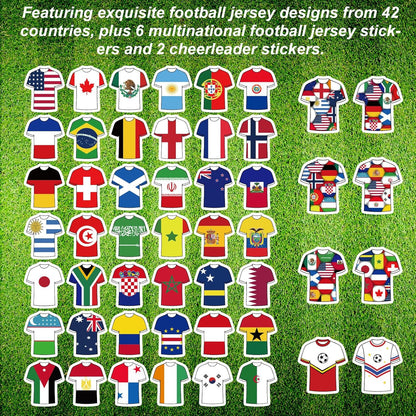 100-Piece Waterproof Soccer Jersey Sticker Set Featuring 42 National Teams, 6 Countries, and 2 Cheerleader Jersey Designs for Water Bottles, Helmets, Scrapbooks, and Laptops