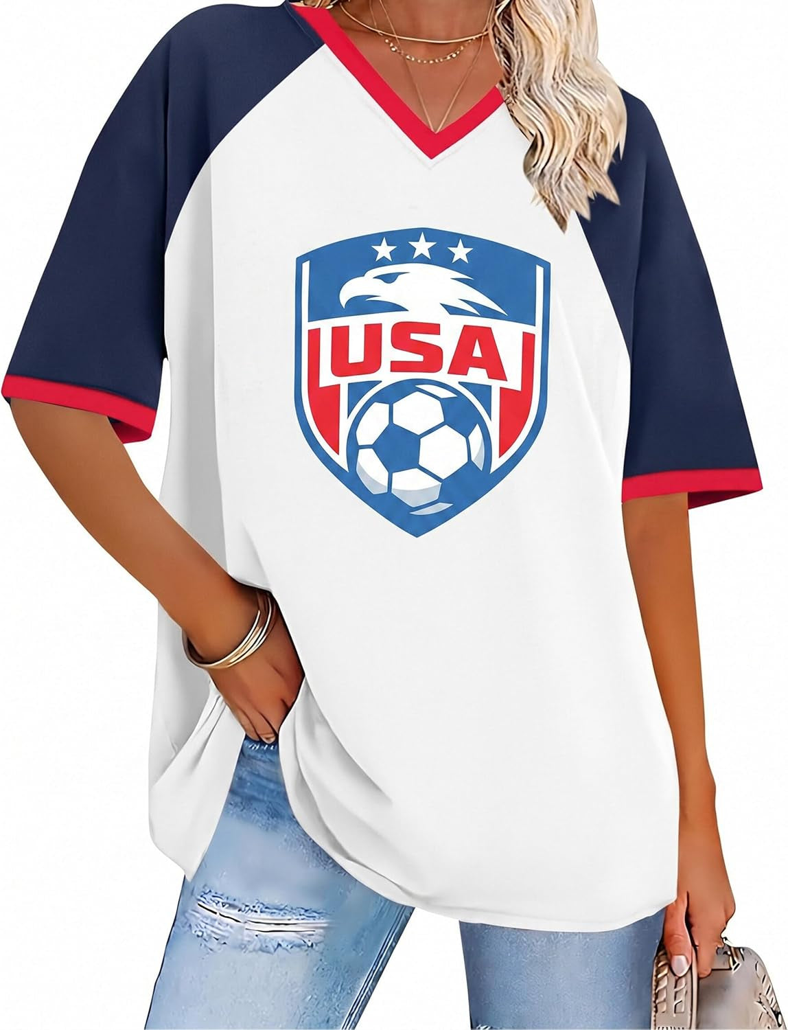 USA Soccer Jersey Shirts for Women Soccer Cup 2026 T Shirt USA Football Jersey V Neck Short Sleeve Shirt