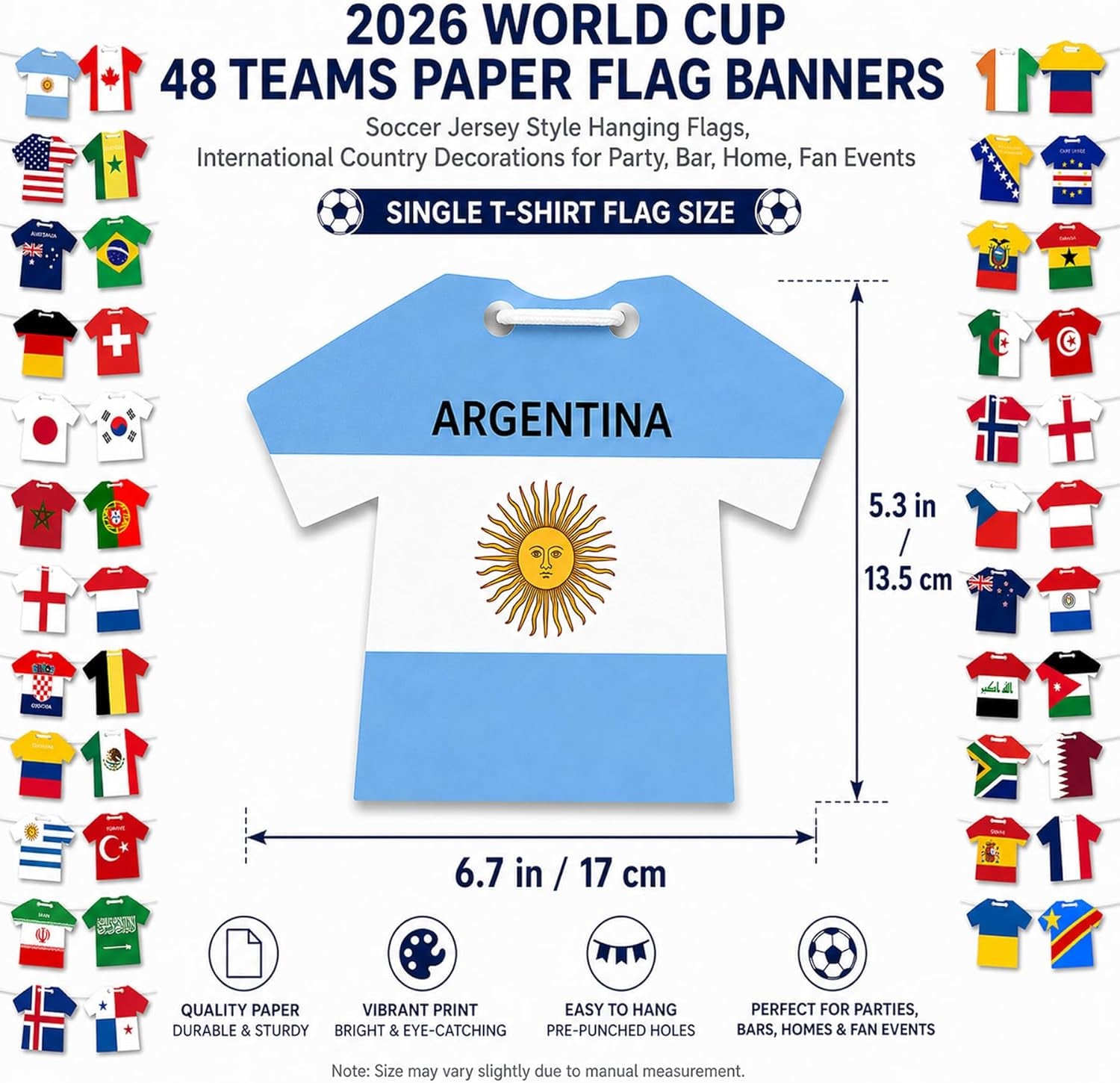 2026 World Cup 48 Teams Paper Flag Banners – Soccer Jersey Style Hanging Flags, International Country Decorations for Party, Bar, Home, Fan Events