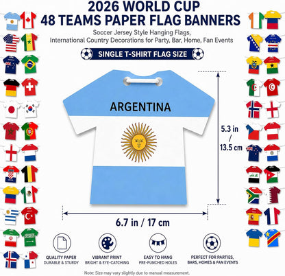 2026 World Cup 48 Teams Paper Flag Banners – Soccer Jersey Style Hanging Flags, International Country Decorations for Party, Bar, Home, Fan Events