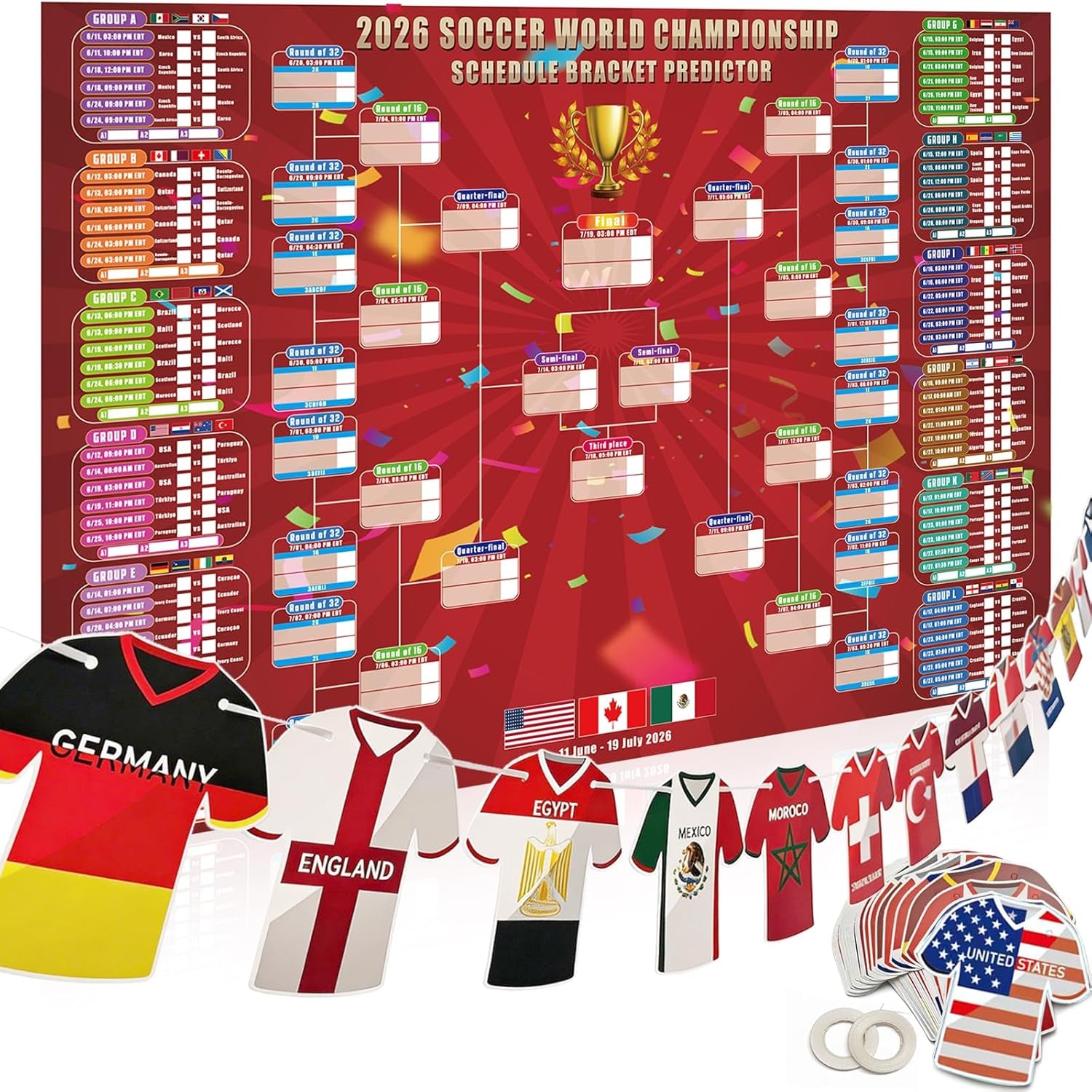 2026 World Soccer Cup Extra Large Schedule Poster 43In X 32In, 48 Teams Soccer Jersey Bunting Banner Country String Flags, Tournament Schedule Soccer Matches Wall Chart for Home Office Bar Football Club Decorations (Red)