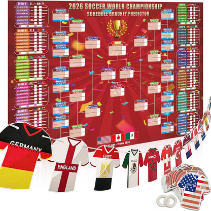 2026 World Soccer Cup Extra Large Schedule Poster 43In X 32In, 48 Teams Soccer Jersey Bunting Banner Country String Flags, Tournament Schedule Soccer Matches Wall Chart for Home Office Bar Football Club Decorations (Red)