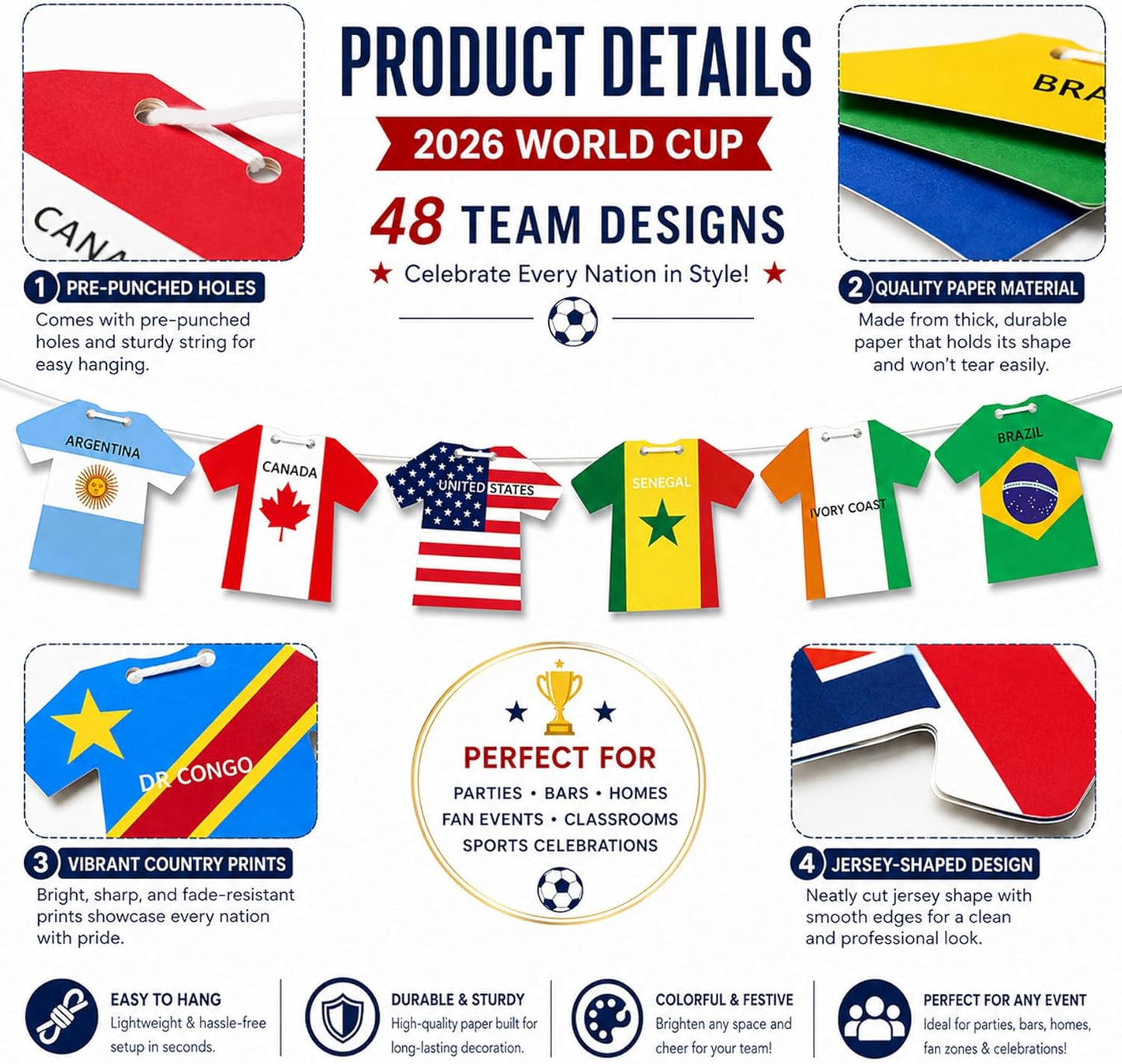 2026 World Cup 48 Teams Paper Flag Banners – Soccer Jersey Style Hanging Flags, International Country Decorations for Party, Bar, Home, Fan Events