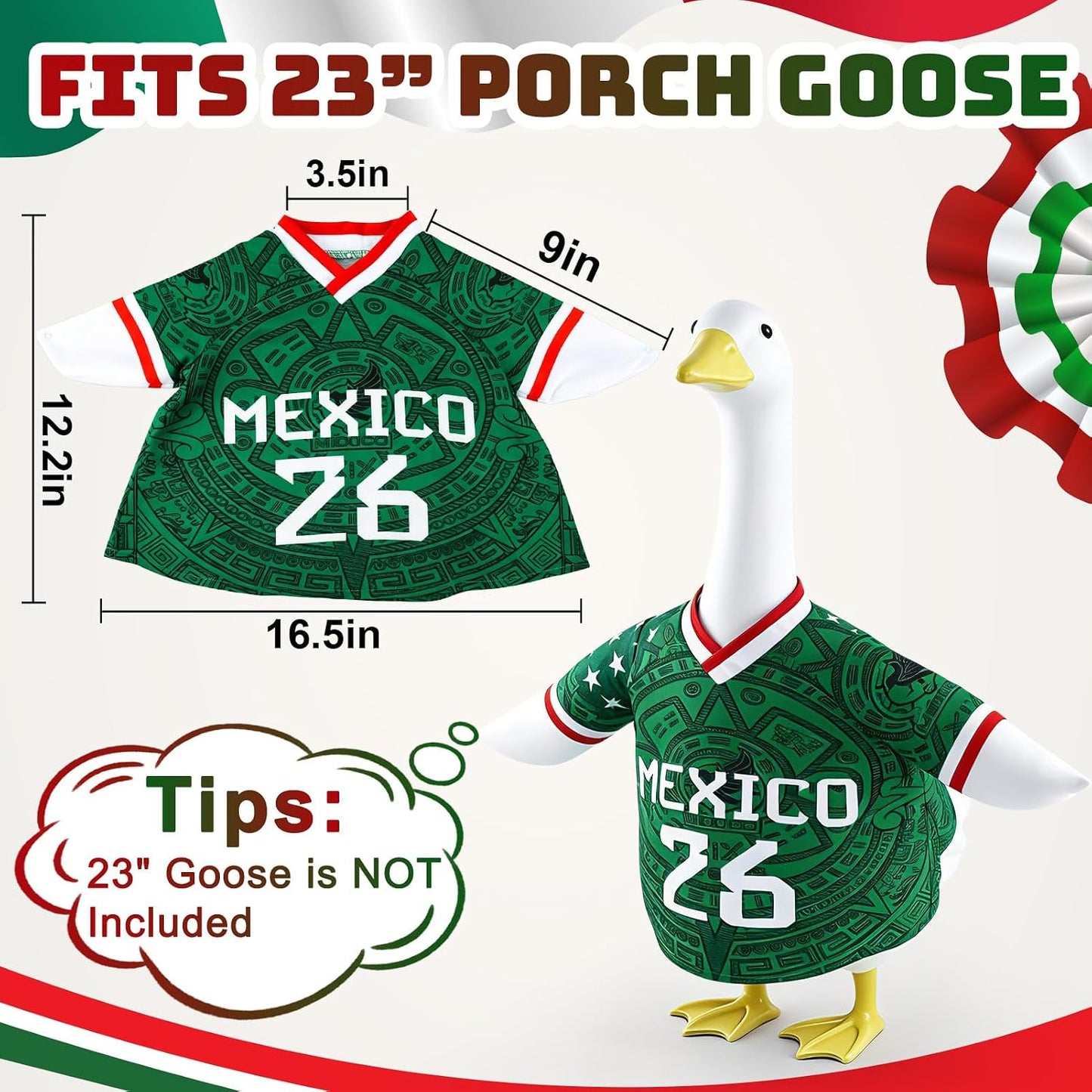 Soccer-Themed Porch Goose Outfit, 23" Statue Apparel with Mexican Flag Jersey, Patriotic National Team Costume for Outdoor Lawn and Patio Decor