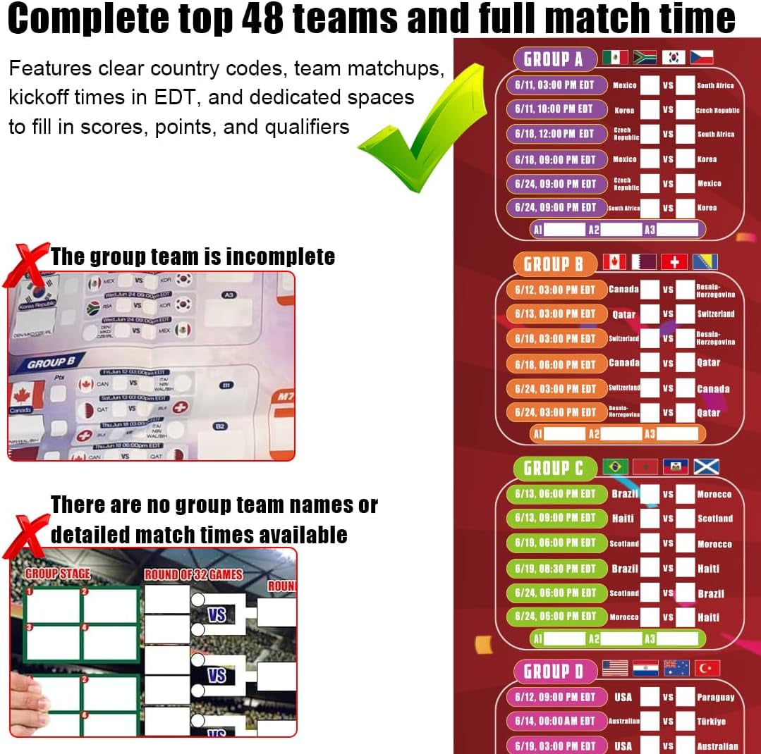 2026 World Soccer Cup Extra Large Schedule Poster 43In X 32In, 48 Teams Soccer Jersey Bunting Banner Country String Flags, Tournament Schedule Soccer Matches Wall Chart for Home Office Bar Football Club Decorations (Red)