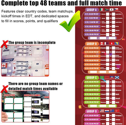 2026 World Soccer Cup Extra Large Schedule Poster 43In X 32In, 48 Teams Soccer Jersey Bunting Banner Country String Flags, Tournament Schedule Soccer Matches Wall Chart for Home Office Bar Football Club Decorations (Red)