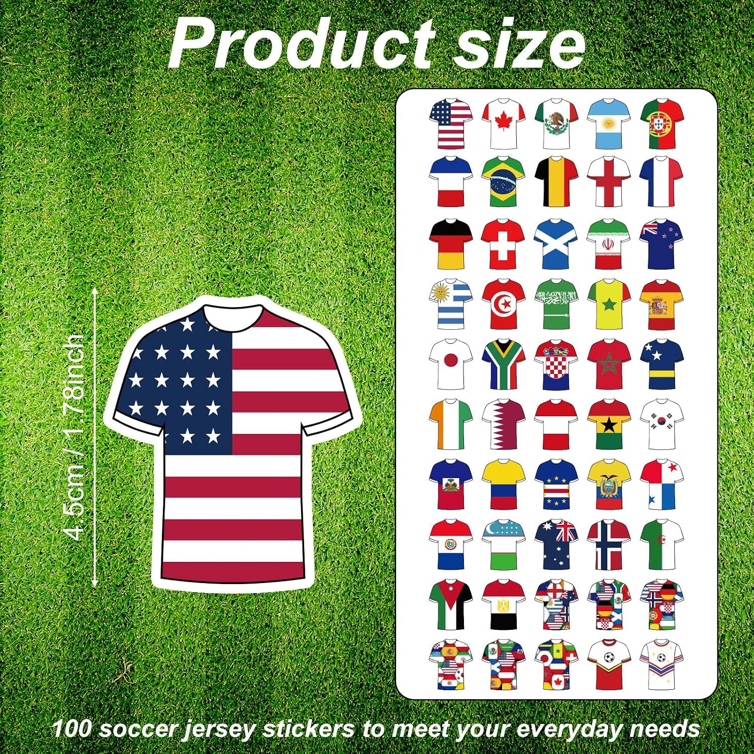 100-Piece Waterproof Soccer Jersey Sticker Set Featuring 42 National Teams, 6 Countries, and 2 Cheerleader Jersey Designs for Water Bottles, Helmets, Scrapbooks, and Laptops