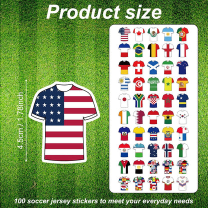 100-Piece Waterproof Soccer Jersey Sticker Set Featuring 42 National Teams, 6 Countries, and 2 Cheerleader Jersey Designs for Water Bottles, Helmets, Scrapbooks, and Laptops