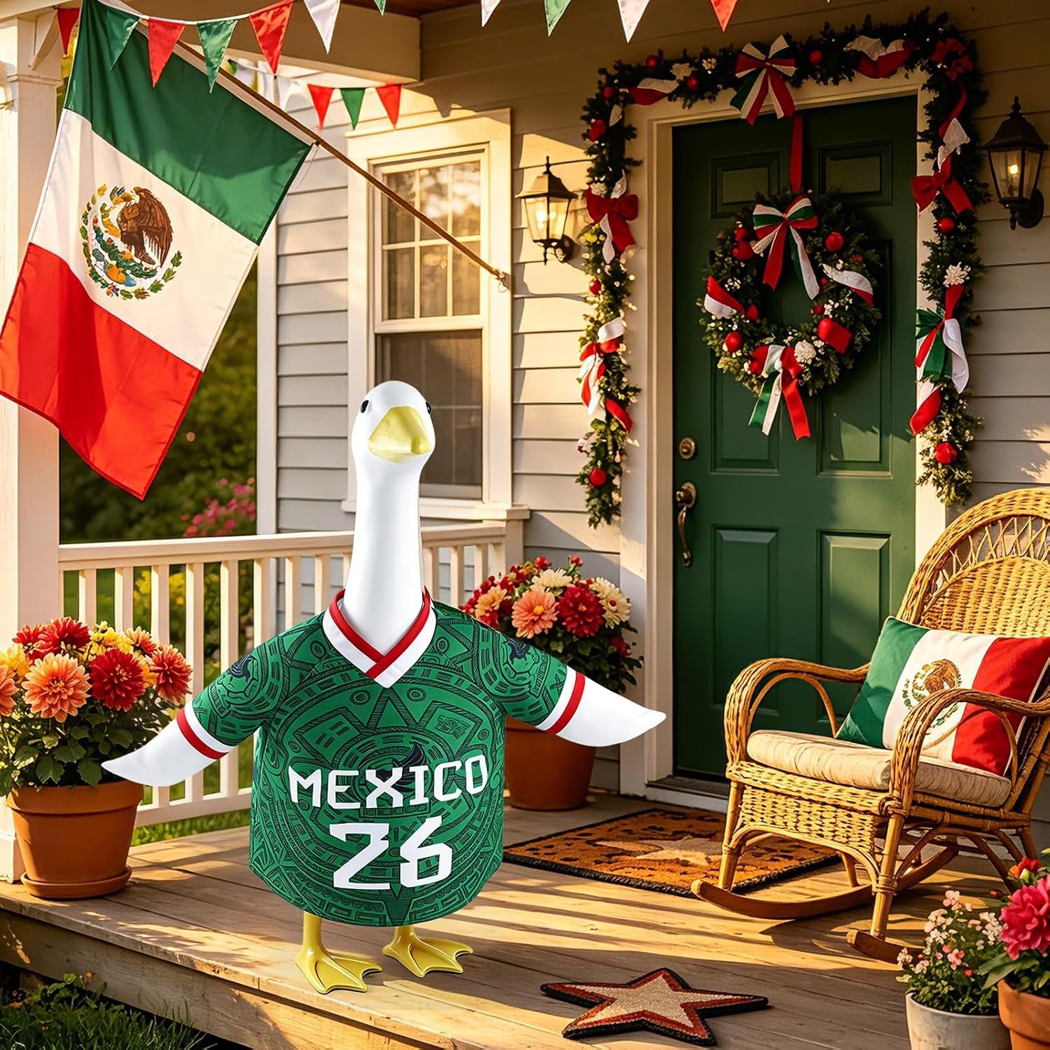 Soccer-Themed Porch Goose Outfit, 23" Statue Apparel with Mexican Flag Jersey, Patriotic National Team Costume for Outdoor Lawn and Patio Decor