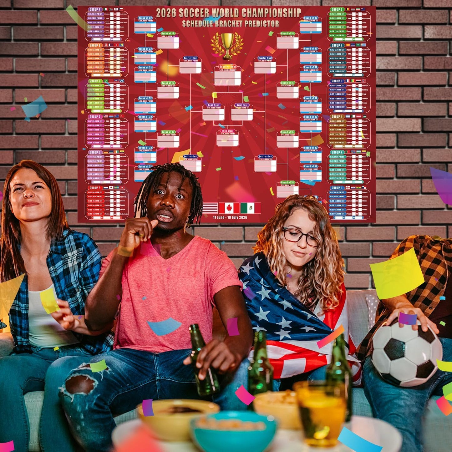2026 World Soccer Cup Extra Large Schedule Poster 43In X 32In, 48 Teams Soccer Jersey Bunting Banner Country String Flags, Tournament Schedule Soccer Matches Wall Chart for Home Office Bar Football Club Decorations (Red)
