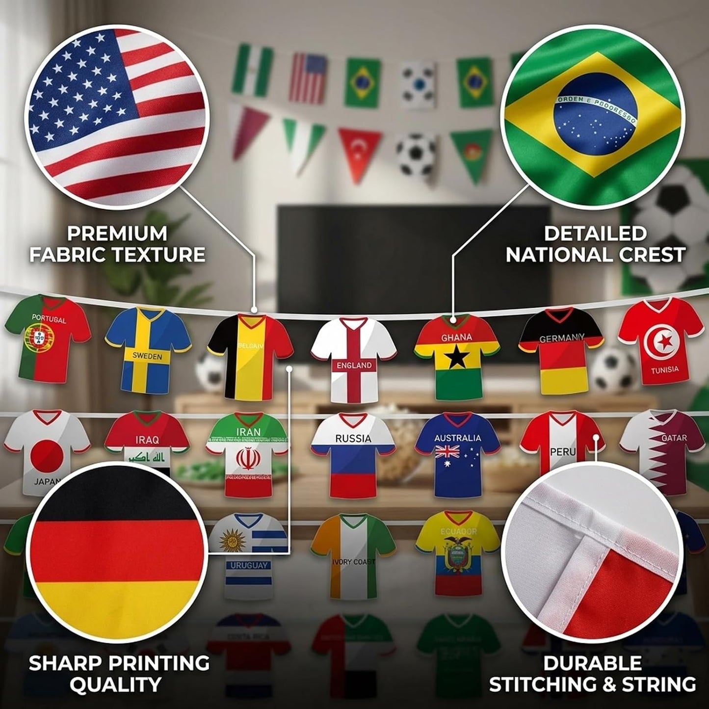 World Cup Decorations, 49 Countries Bunting Banner for World Cup Parties and Sports Events, Soccer Jersey Flag Garland