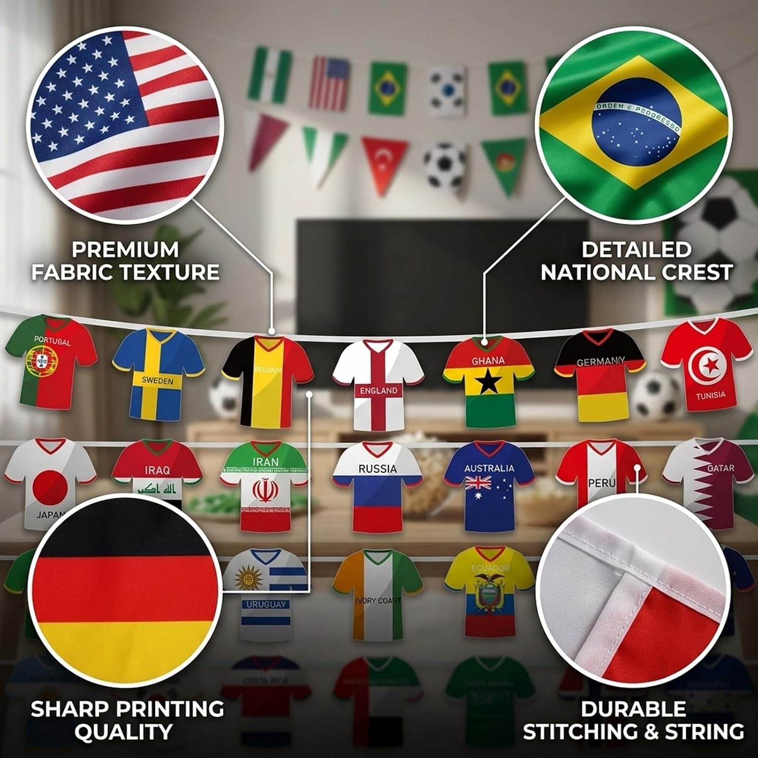 World Cup Decorations, 49 Countries Bunting Banner for World Cup Parties and Sports Events, Soccer Jersey Flag Garland