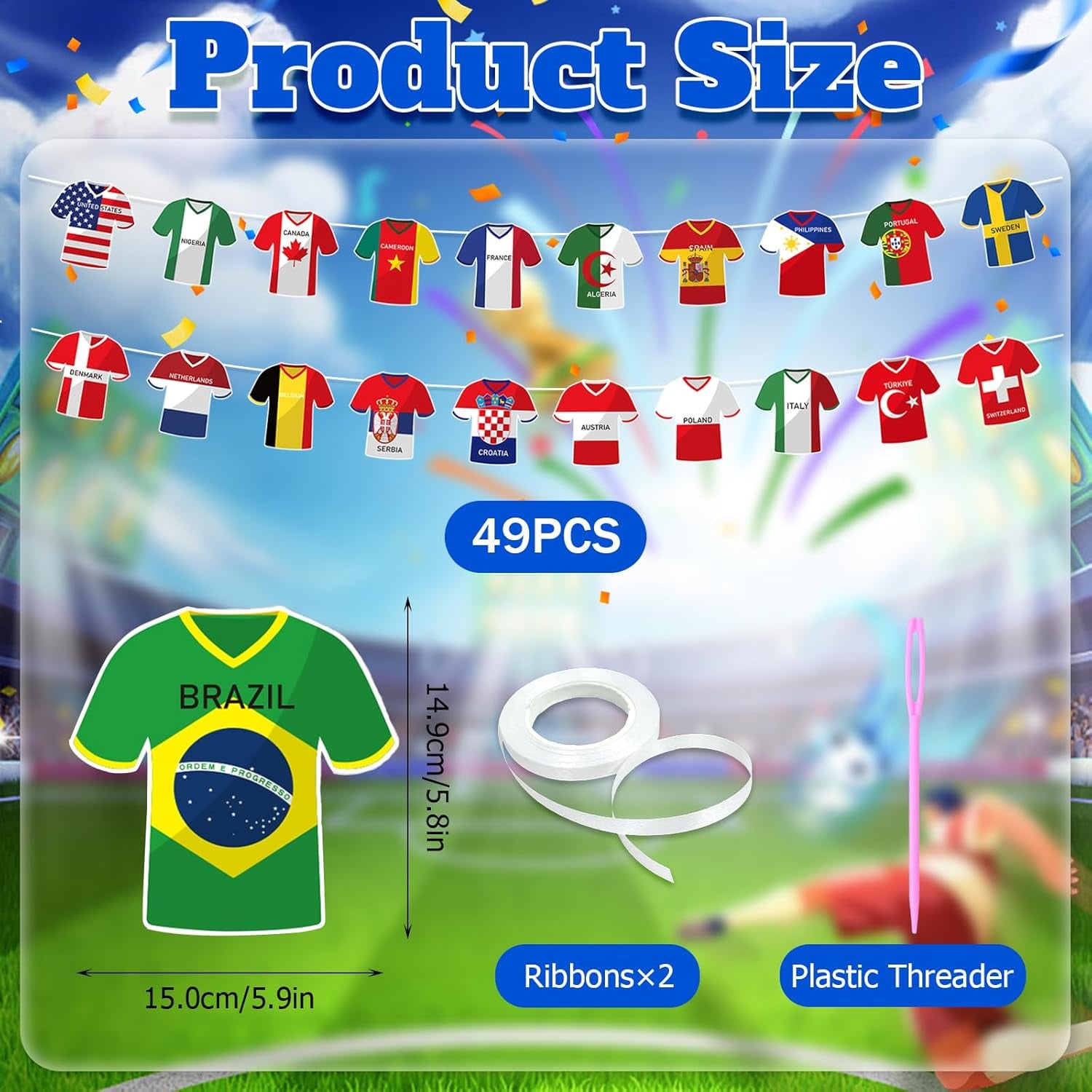 Soccer-Themed Party Decorations - 49-Piece Jersey Flag Bunting Banner Set for Sports Events and Celebrations
