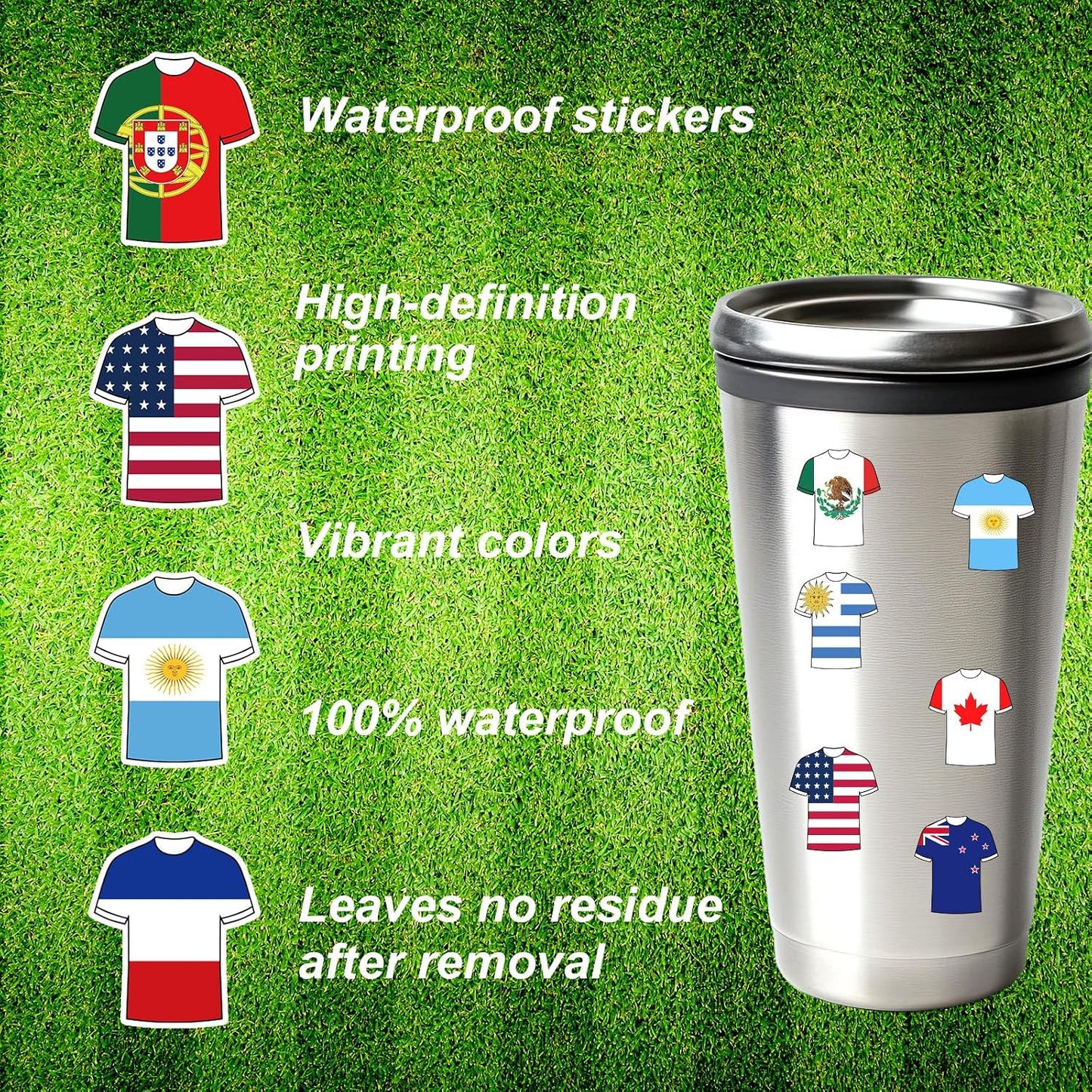 100-Piece Waterproof Soccer Jersey Sticker Set Featuring 42 National Teams, 6 Countries, and 2 Cheerleader Jersey Designs for Water Bottles, Helmets, Scrapbooks, and Laptops